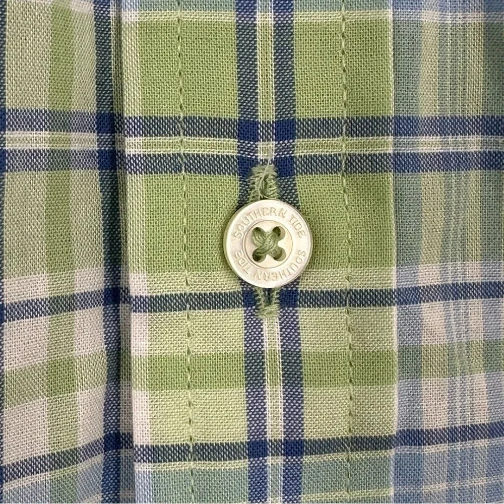 SOUTHERN TIDE Boy’s Surfscoter Blue and Green Plaid Sport Button Down Sz L